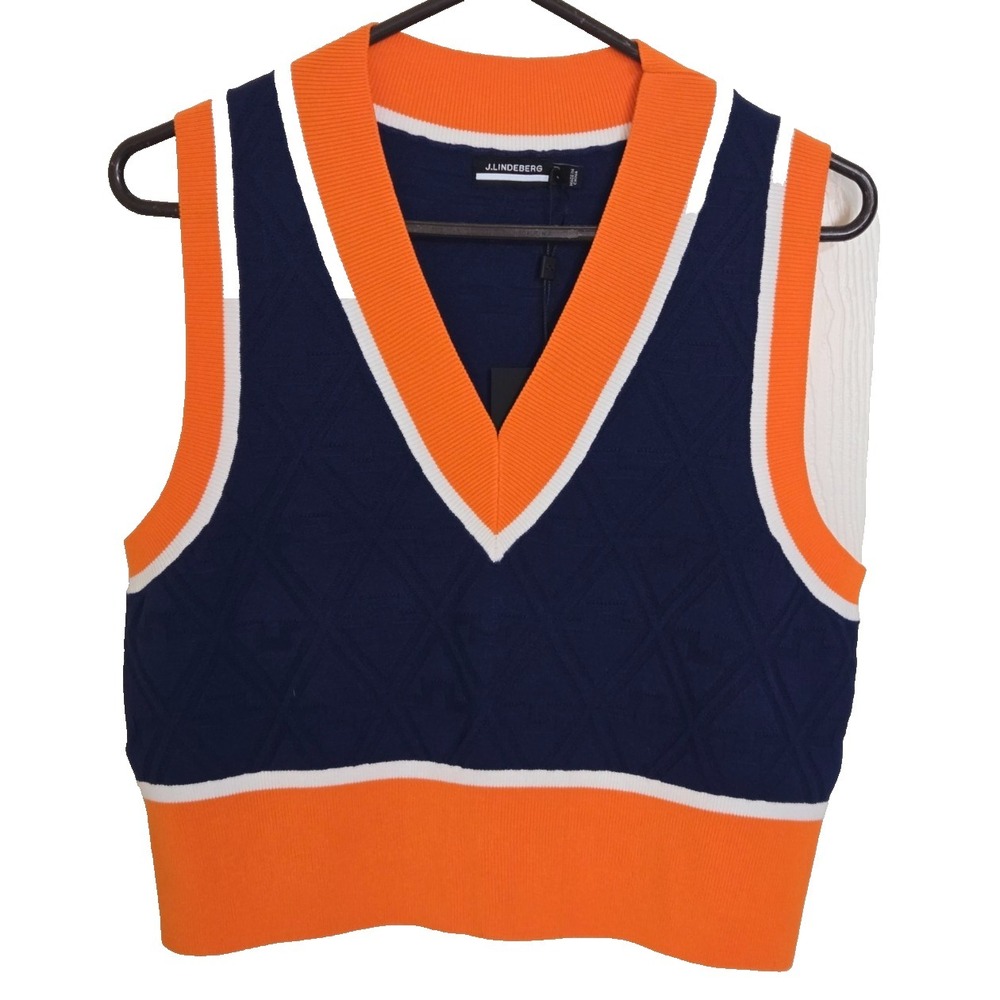 J. Lindeberg Barbados Knitted Vest Women's‎ S Estate Blue (Navy/Orange) NWT